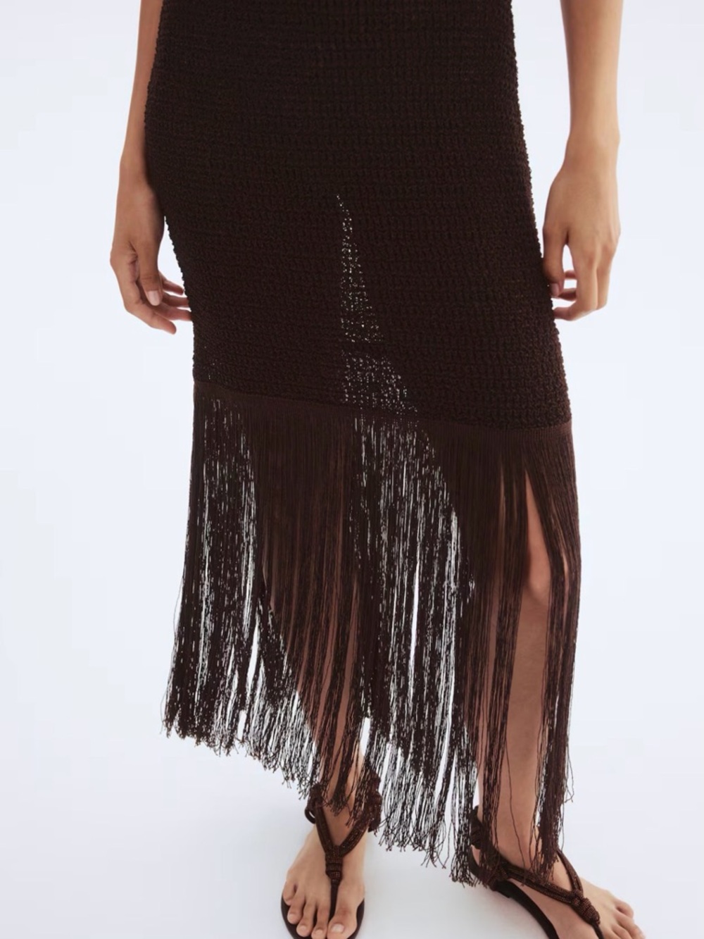 NWOT Sleeveless V-Neck Fringe Knit Maxi Dress - Dark Brown Cotton Blend - Picture 3 of 8